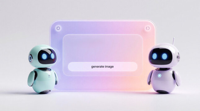 Two cute small robots stand near large digital interface panel with generate image button. Minimalist pastel 3D design shows AI assistant chatbot concept. Modern tech automation software with glowing