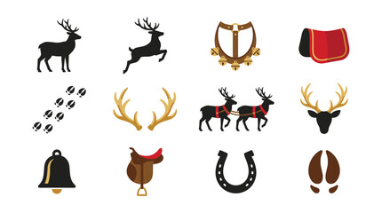 Fototapeta premium Hunting Icons Collection: A montage of hunting-related symbols, featuring deer silhouettes, antlers, hoof prints, saddles, and a horseshoe, representing the spirit of the chase and outdoor adventure.