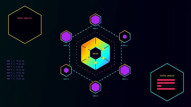 A sophisticated display of edge analytics featuring shifting digital geometric patterns and data telemetry metrics for monitoring complex network system status in a virtual environment