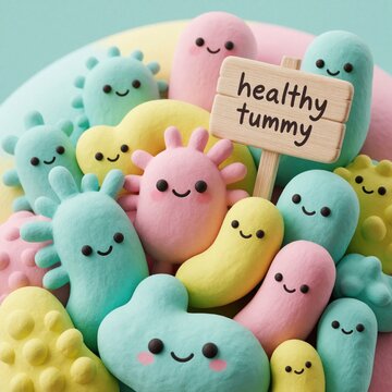 Cute cartoon gut bacteria and probiotics, rendered in a soft clay style, promoting a healthy tummy. These friendly microbes represent good health and digestion.