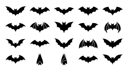 Fototapeta premium Collection of various black bat silhouettes isolated on a white background.