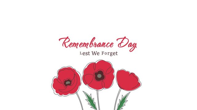 Remembrance day greeting animation, Remembrance day greeting card text animation with copy space, with poppy flower decoration whit white background