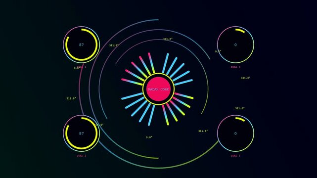 Circular edge analytics interface panels pulsate with neon light segments as abstract geometric patterns rotate rapidly on a dark void backdrop in this digital monitor display