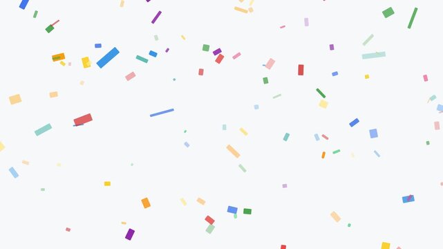 Random colorful confetti pieces falling from top to bottom with natural flutter, tumbling, wind gusts and depth parallax on a light background, designed for deterministic frame-by-frame video renderin