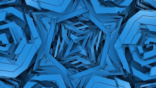 Geometric blue hexagonal patterns in cinematic motion with black negative space for background design