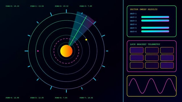 Edge analytics visualization displaying rotating radar signal sweeps with colorful orbital charts monitoring system telemetry pulses shown in a looping dark motion graphic data interface