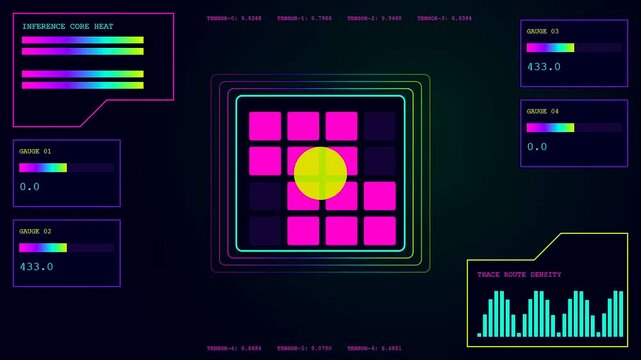 A vibrant edge analytics interface displays dynamic neon digital grids and glowing circular cursor icons shifting across interconnected monitors in this sleek modern software control panel