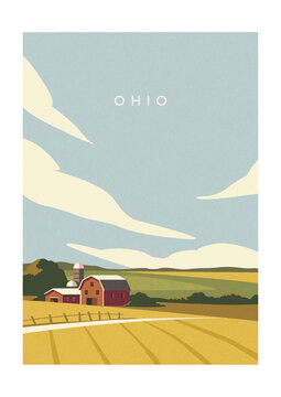 Vector illustration of Ohio countryside with red barn, farm fields and rural landscape in vintage travel poster style