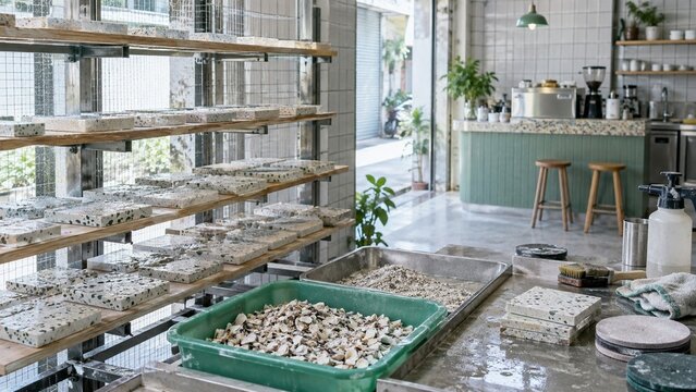 Rectangular terrazzo slabs rest on wooden shelves, a green plastic bin holds crushed shells, and a metal tray contains gray powder on a concrete workbench