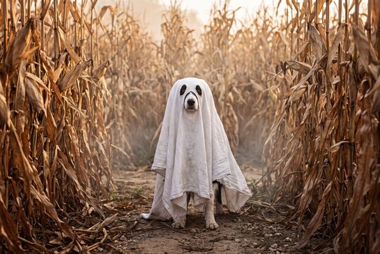 Cute dog in ghost Halloween costume standing in corn field