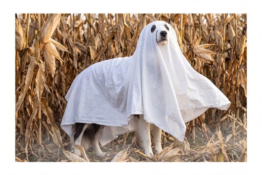 Cute dog dressed as Halloween ghost in corn field