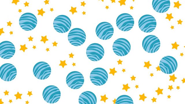 Seamless pattern with blue striped planets and yellow stars on white background