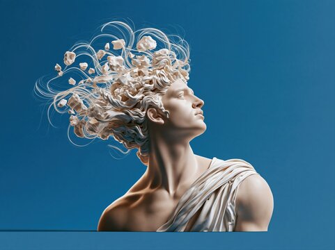 Sculpture of a man with flowing hair and fragments in a blue background