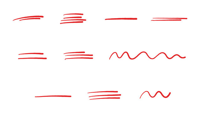 A collection of hand drawn red highlighter marker lines and wavy strokes isolated on a white background for design graphic elements