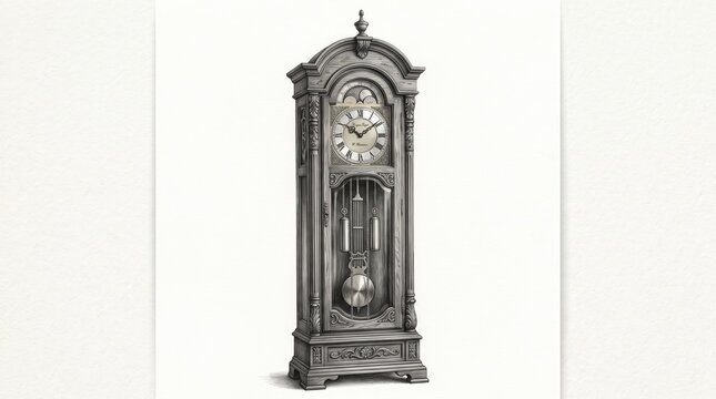 Vintage ornate grandfather clock with pendulum isolated on white background