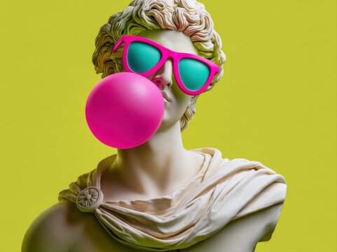 Statue wearing pink sunglasses and blowing bubble gum against a green background