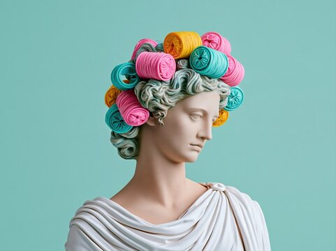 Statue with colorful curlers on the head displayed against a light blue background