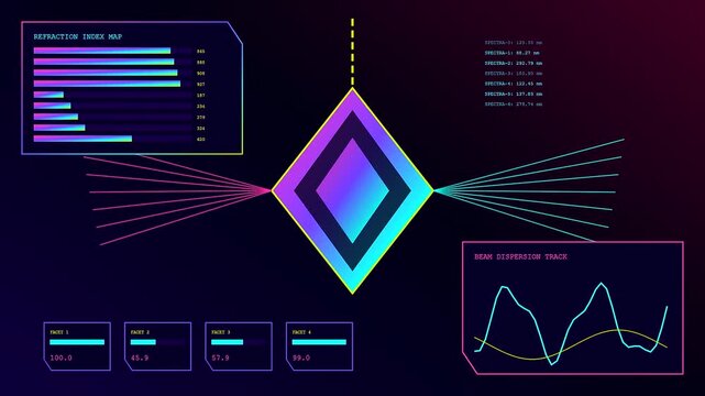 Data streaming and edge analytics visuals showing spectral diamond refraction patterns with shifting neon light bars and moving signal wave charts on a dark digital interface