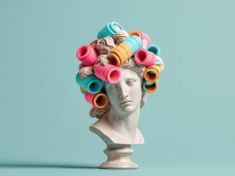 Sculpture with colorful hair curlers sits on a stand against a light blue background
