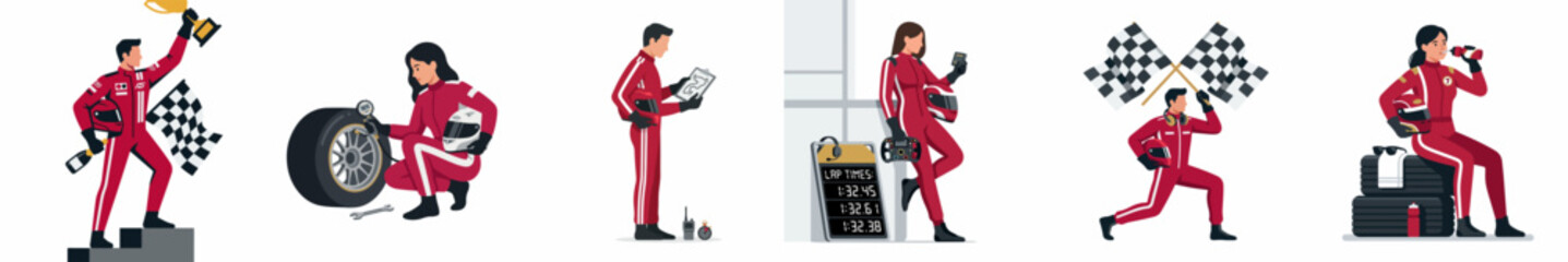 Obraz premium Collection of racing driver character illustrations featuring male and female racers celebrating victory, maintaining equipment, and preparing for race events in various poses.
