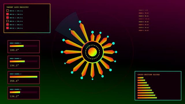 Edge analytics data dashboard interface displays rotating circular radial graphs and flickering metric boxes with vibrant yellow and orange color gradients on dark purple digital screens