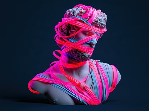 Modern art sculpture wrapped in colorful bands displayed in an indoor gallery setting at night