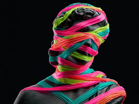 Statue covered in colorful ribbons in a dark setting