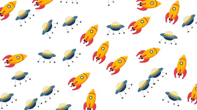 Cartoon space pattern with rockets and UFO saucers on white background
