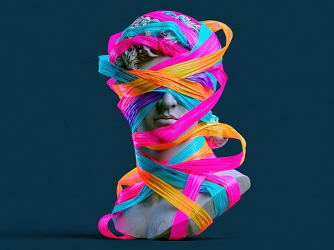 Colorful ribbons wrap around a marble statue in a modern art display