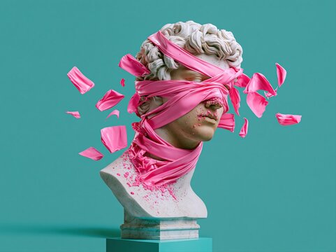Sculpture head covered with pink ribbons and debris in a teal background