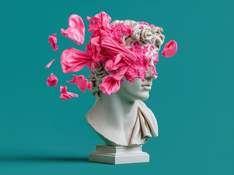 Sculpted head of a man with bright pink flowers and fabric exploding from the face