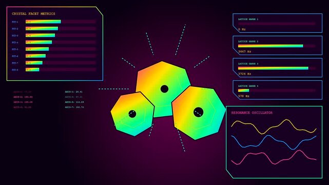 Three panels displaying edge analytics showing fluctuating geometric crystal shapes with shifting gradient colors pulse and flicker while data charts update rapidly across a dark virtual screen