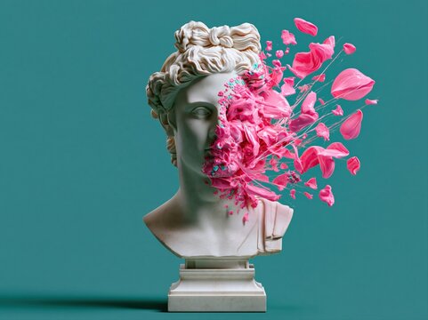 Bust of a classical statue with a colorful explosion of petals and paint on a teal background