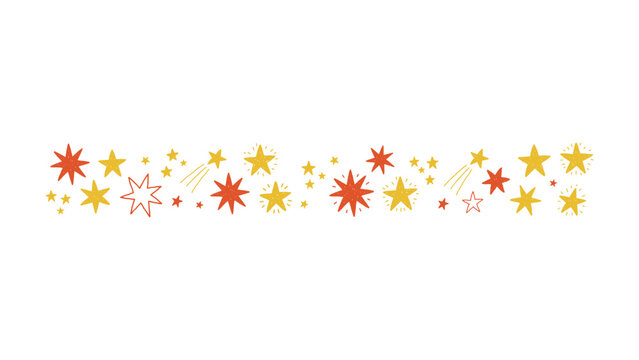 A festive horizontal border pattern featuring handdrawn whimsical stars in various sizes and shades of red and yellow isolated on white