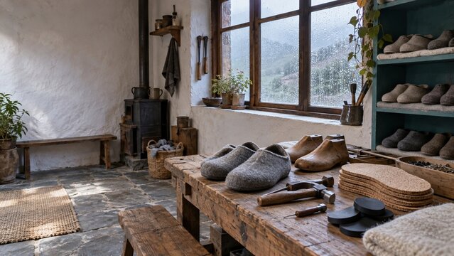 felt slippers and wooden shoe lasts sit on a wooden workbench, tools and materials are arranged near a window in a room with stone floors