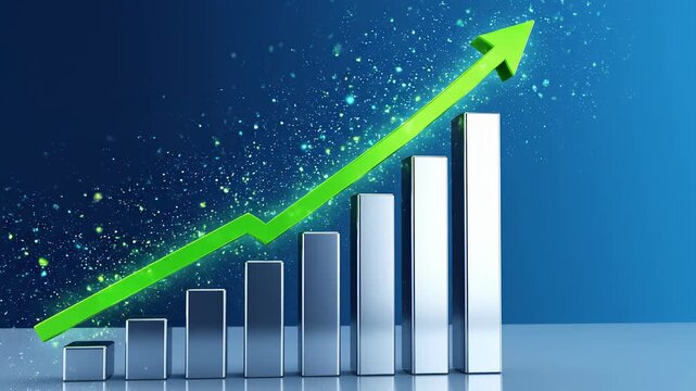Growing bar chart with green arrow and particles in a blue studio reflecting upward financial growth concept