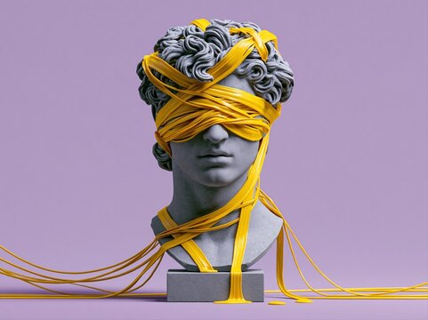 Sculpture with yellow pasta strands wrapped around a classical bust on a purple background