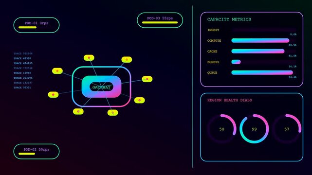 Digital displays showing edge analytics with vibrant neon bar charts and circular data interfaces flickering in a dark virtual environment for complex system monitoring