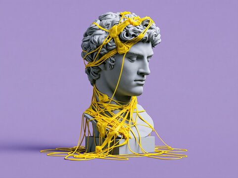 Marble sculpture of a male head covered with bright yellow elastic strings on a purple background