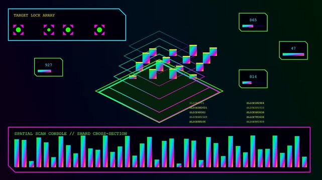 Digital displays showing edge analytics visual data streams with isometric graphs changing in real time for monitoring server network status across multiple interface window view segments