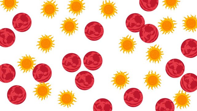 Seamless space pattern with red planets and suns on white background