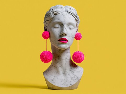 Marble bust with pink earrings against a yellow background
