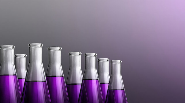 Laboratory glass bottle row with purple liquid on gray gradient background, abstract science background for poster design