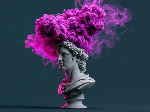 Bust of a statue with purple smoke rising above it in a dark background