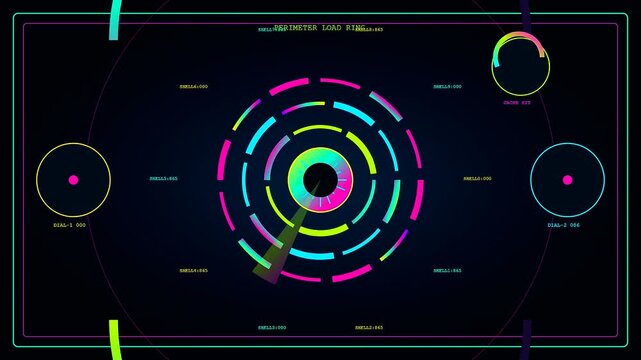 Digital displays showing edge analytics with rotating circular geometric rings that spin in a sequence across three separate dark panels for modern computer monitoring system interfaces