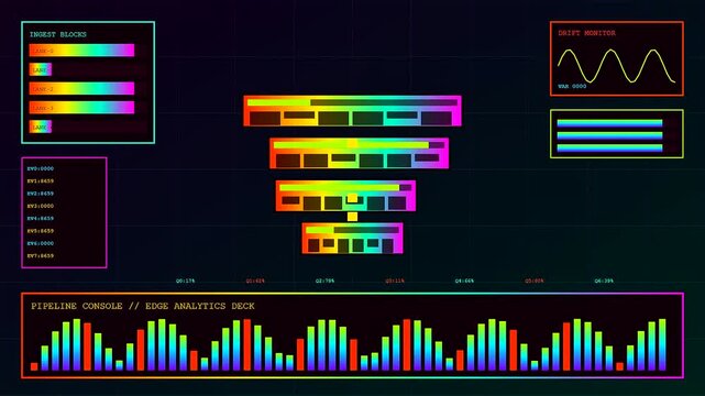 Digital displays showing edge analytics with vibrant neon bar charts and wave patterns moving across a dark grid surface for modern data monitoring computer interface visuals