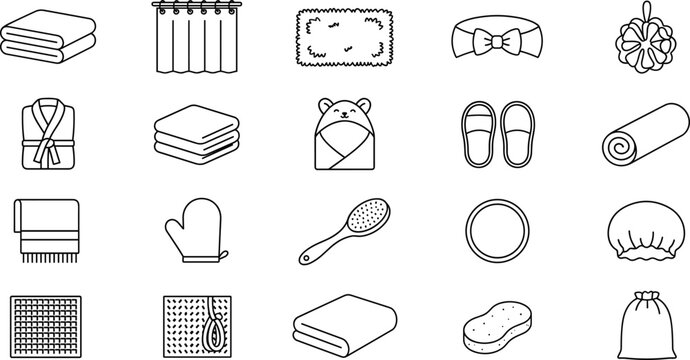 Bath Towel Icon Set with Bathroom Textile and Spa Item Symbols