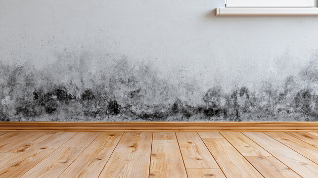 Mold growth on wall baseboard and floor in home, damp interior with damaged wall and wooden floor, dark mildew stain, moisture problem, health hazard
