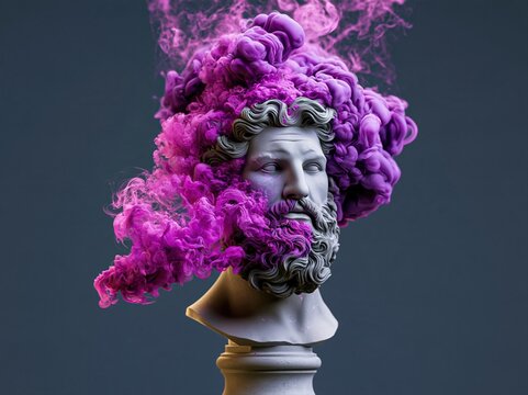 Sculpture of a man's head with purple smoke swirling around it, creating an artistic display