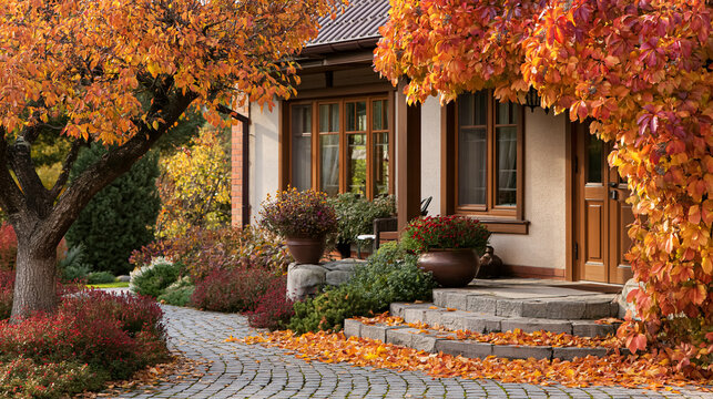 Autumn leaves covering a cozy house exterior with a cobblestone path leading to the entrance, showcasing seasonal beauty